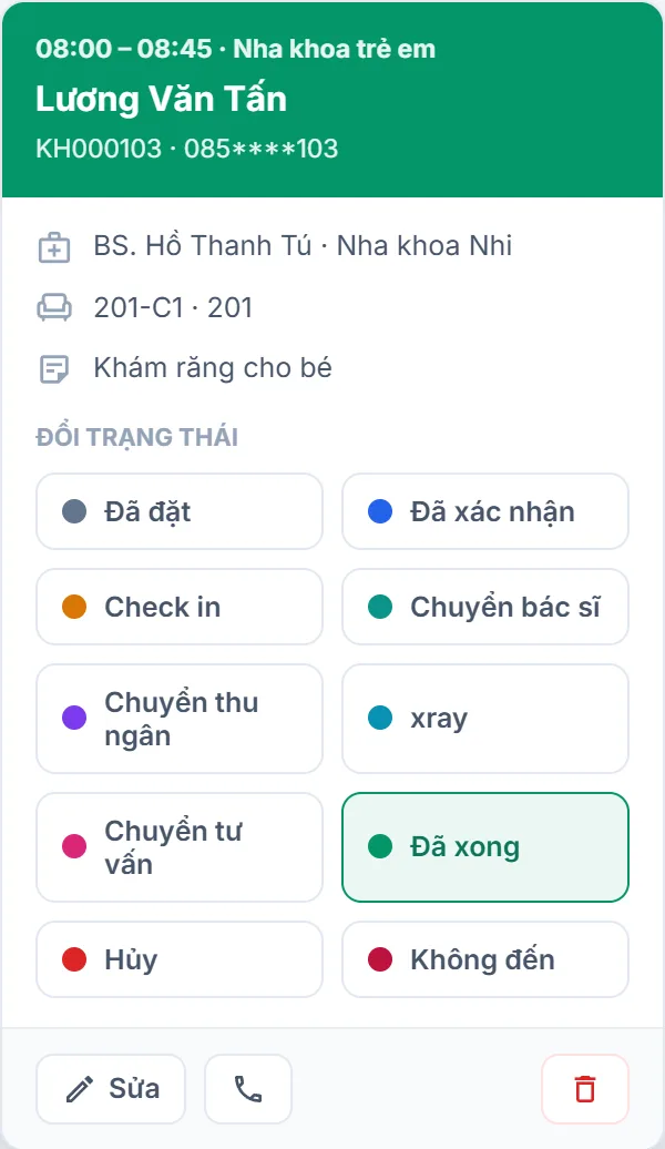 Popup lịch hẹn: bác sĩ, ghế, dịch vụ và đổi trạng thái