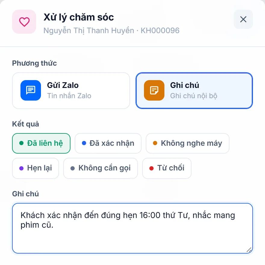 Ghi kết quả chăm sóc khách